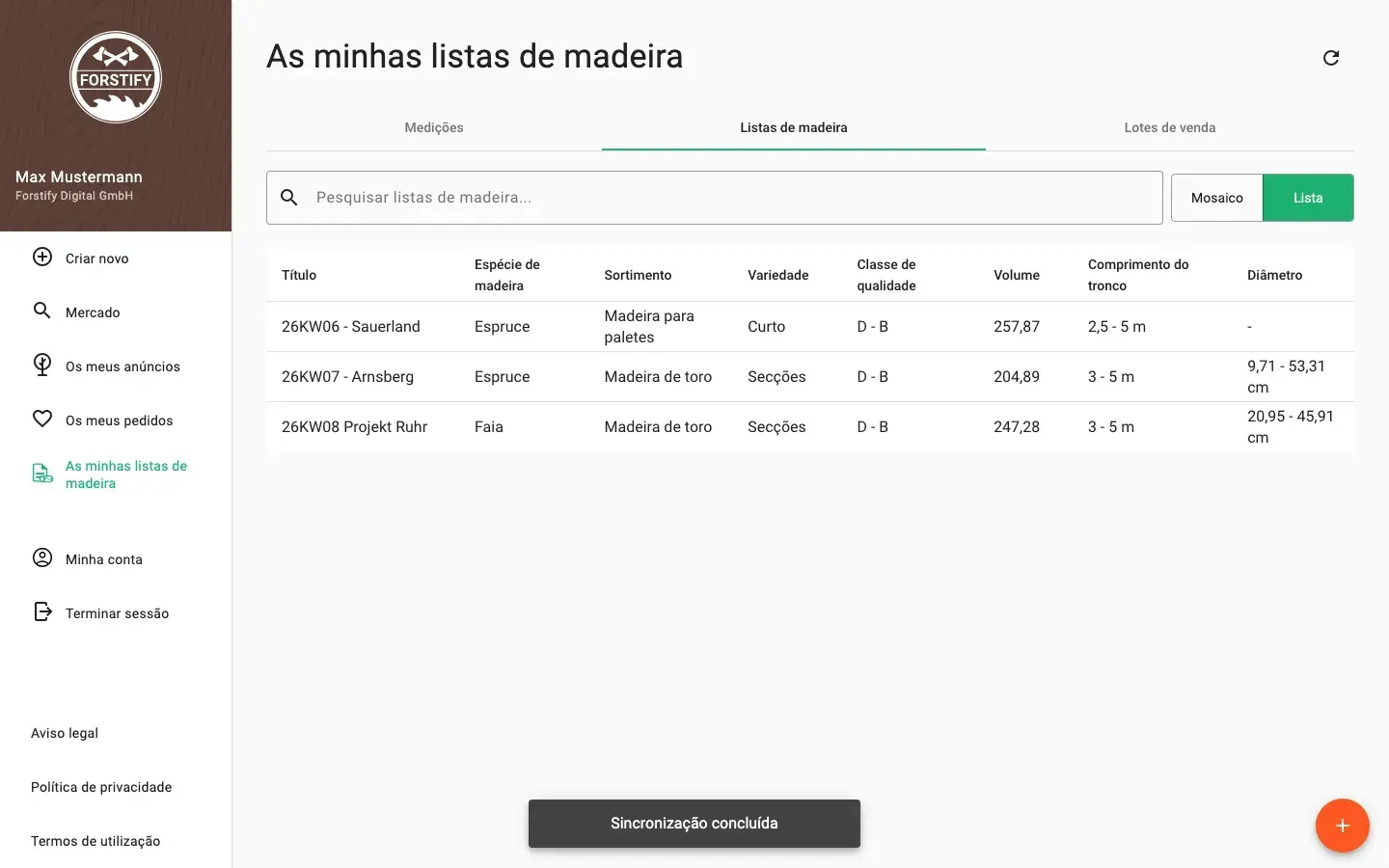 Wood lists in table view with all data