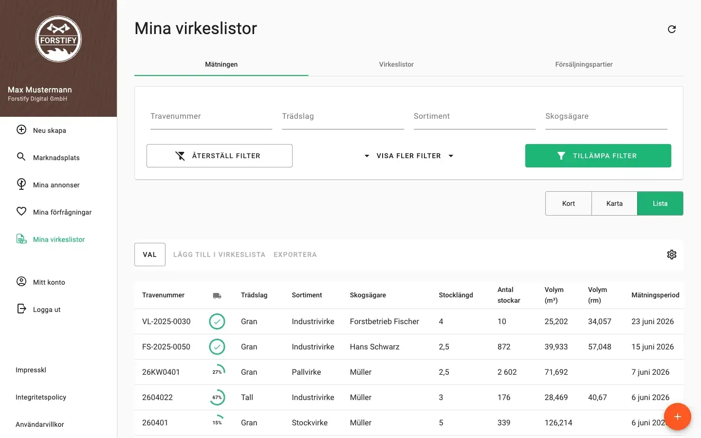 Table view of measurements with all timber data