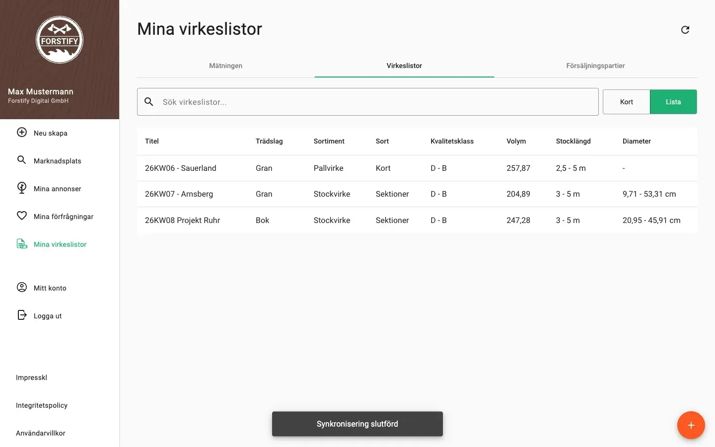 Wood lists in table view with all data