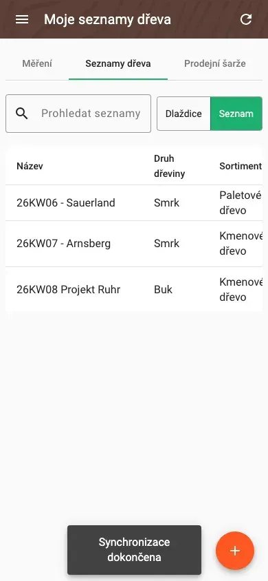 Wood lists in table view with all data