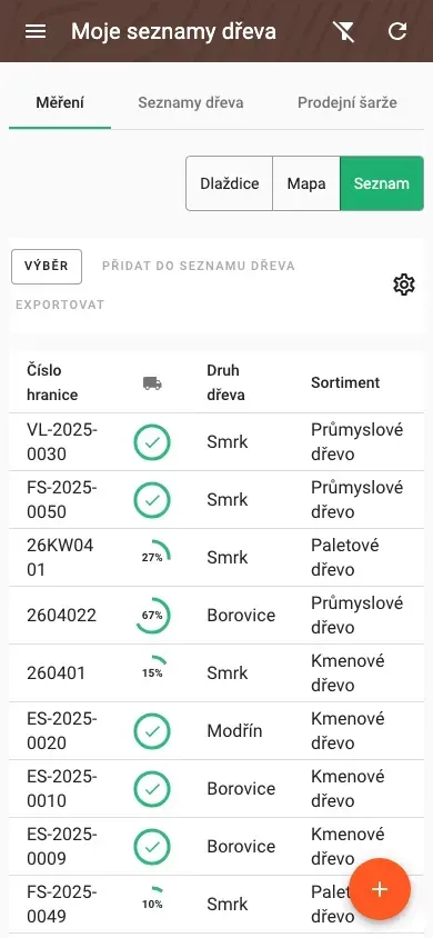 Table view of measurements with all timber data
