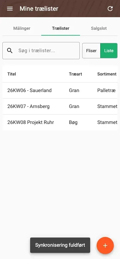 Wood lists in table view with all data