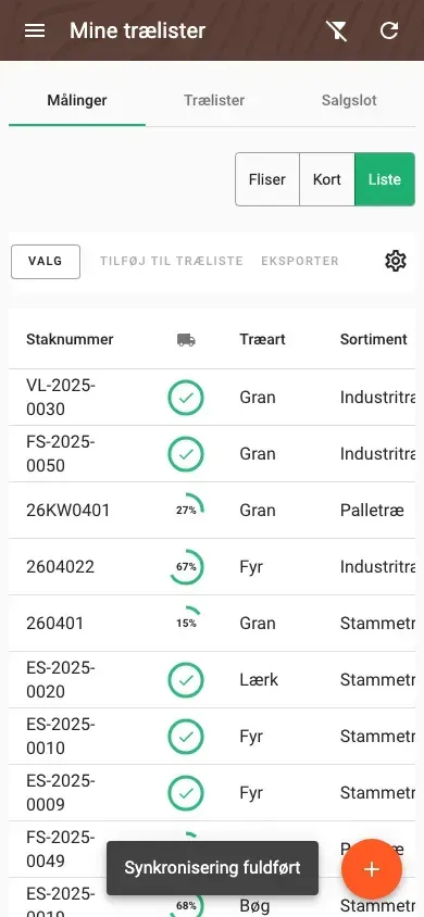 Oversigt over målinger som tabel med konfigurerbare kolonner