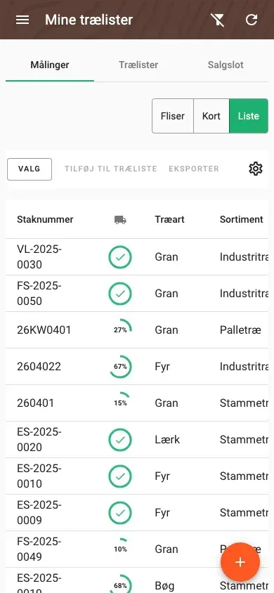 Table view of measurements with all timber data