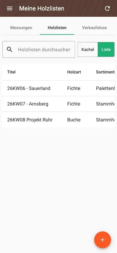 Holzlisten in der Tabellenansicht mit allen Daten
