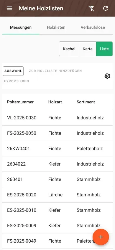 Messübersicht als Tabelle mit konfigurierbaren Spalten