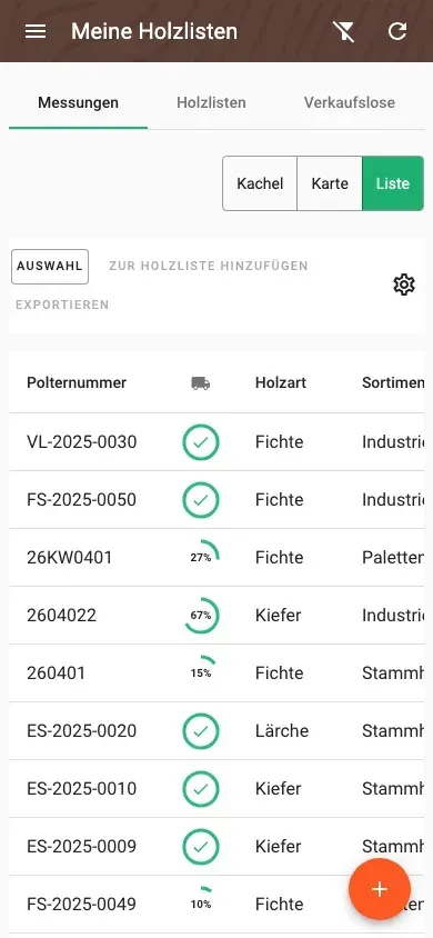 Tabellenansicht der Messungen mit allen Holzdaten