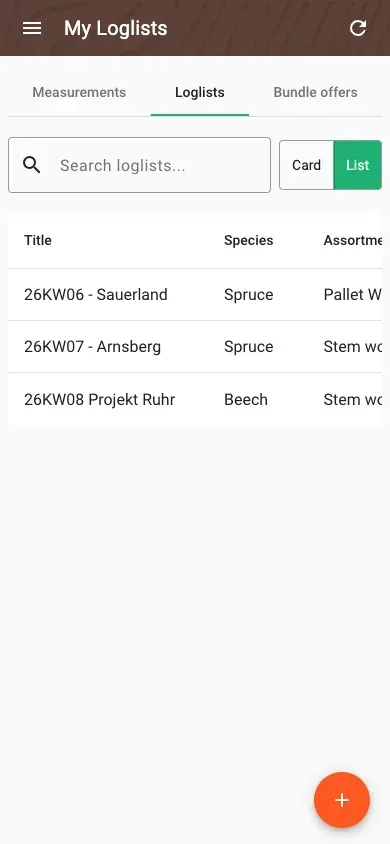 Wood lists in table view with all data