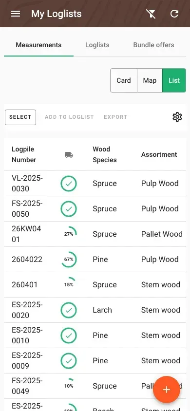 Table view of measurements with all timber data