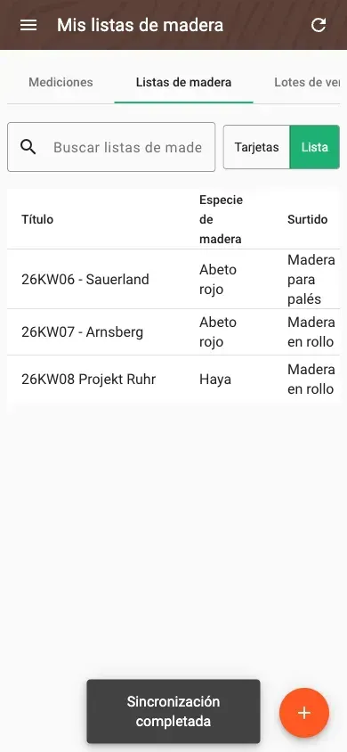 Wood lists in table view with all data