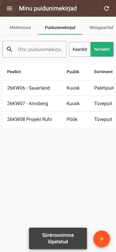 Wood lists in table view with all data
