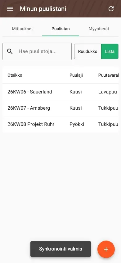Wood lists in table view with all data