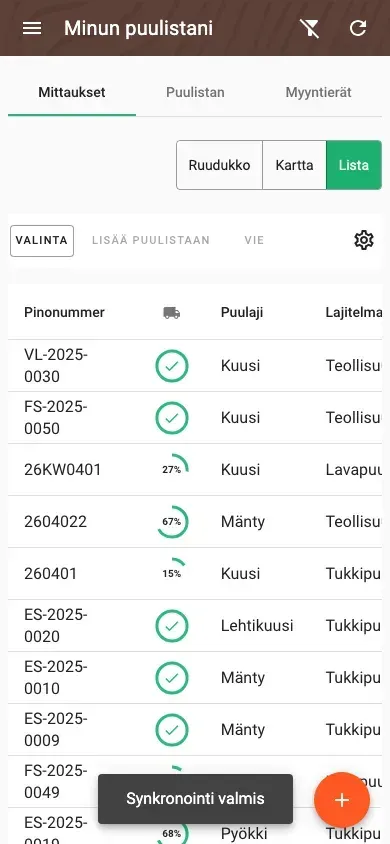 Table view of measurements with all timber data