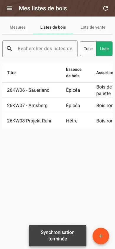 Wood lists in table view with all data