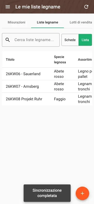Wood lists in table view with all data