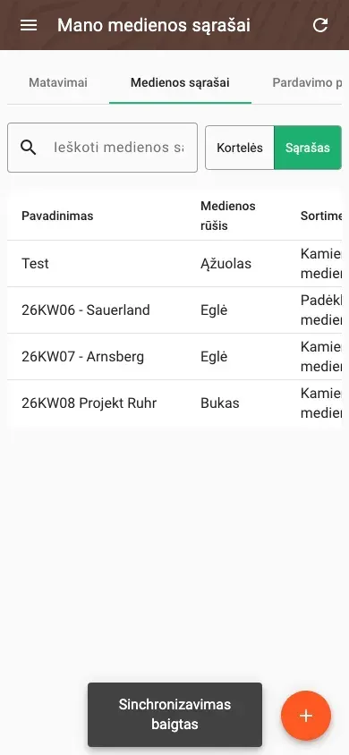 Wood lists in table view with all data