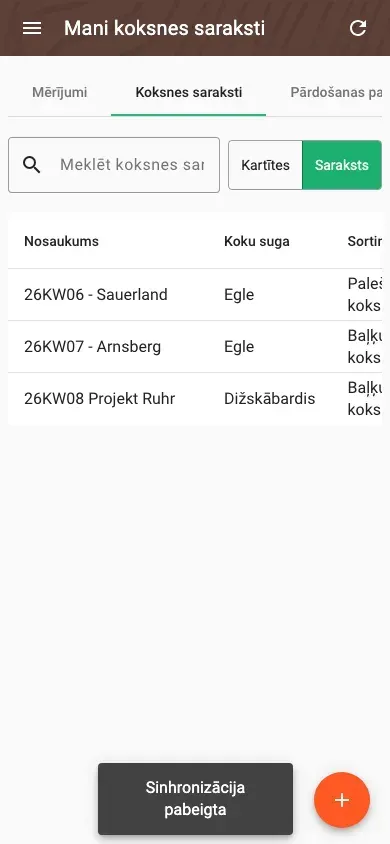 Wood lists in table view with all data