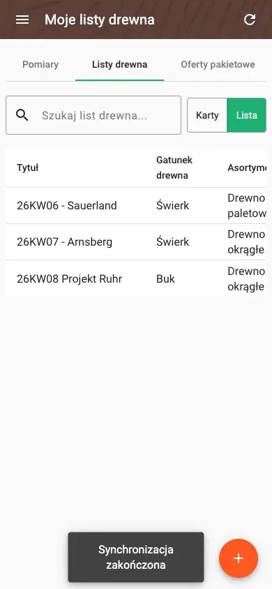 Wood lists in table view with all data