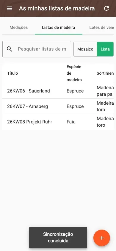Wood lists in table view with all data
