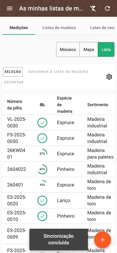 Vista geral das medições em tabela com colunas configuráveis