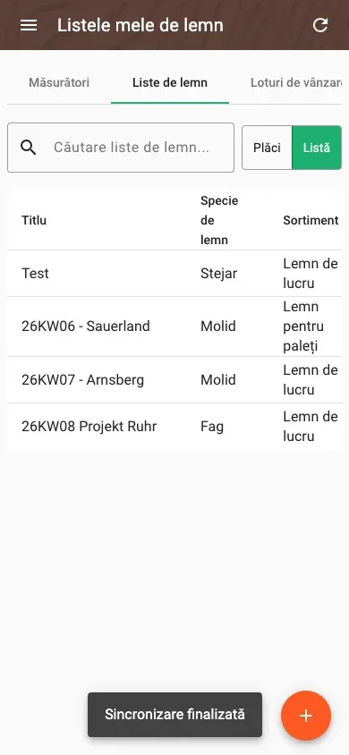 Wood lists in table view with all data