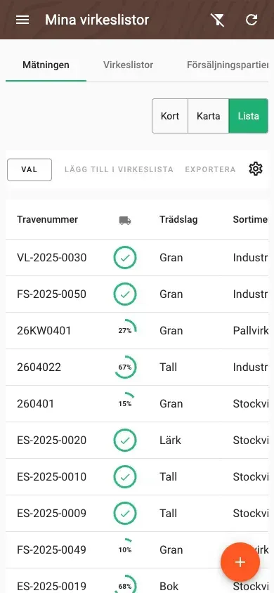 Table view of measurements with all timber data