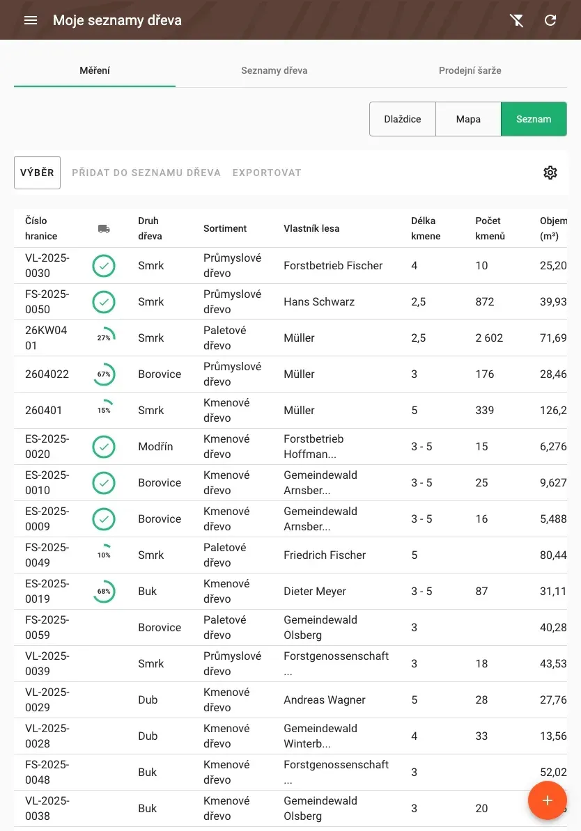 Table view of measurements with all timber data