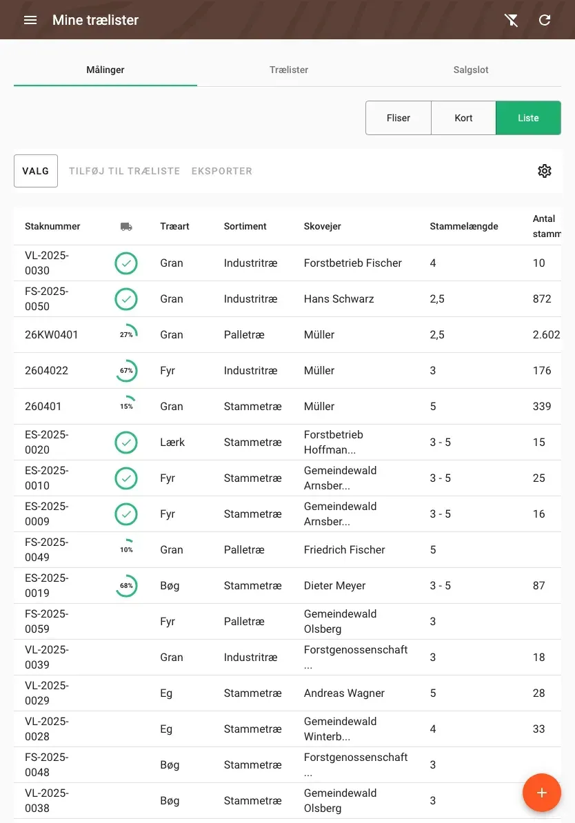 Table view of measurements with all timber data