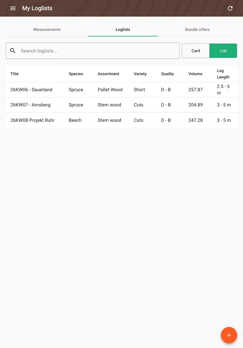 Wood lists in table view with all data