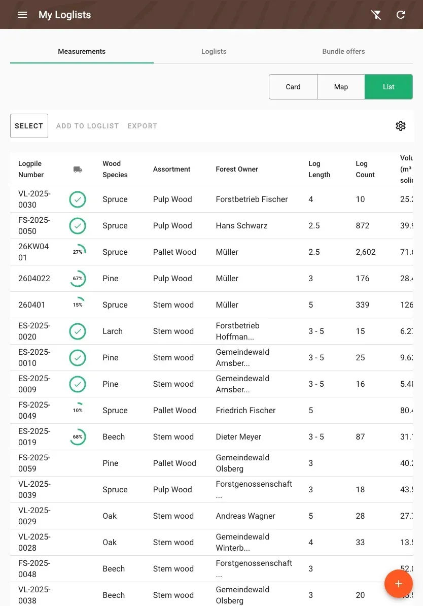 Table view of measurements with all timber data