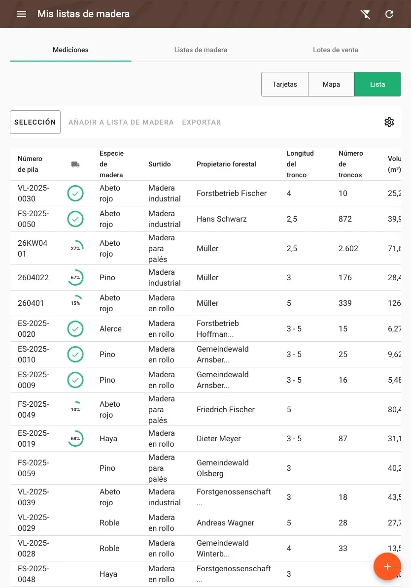 Table view of measurements with all timber data