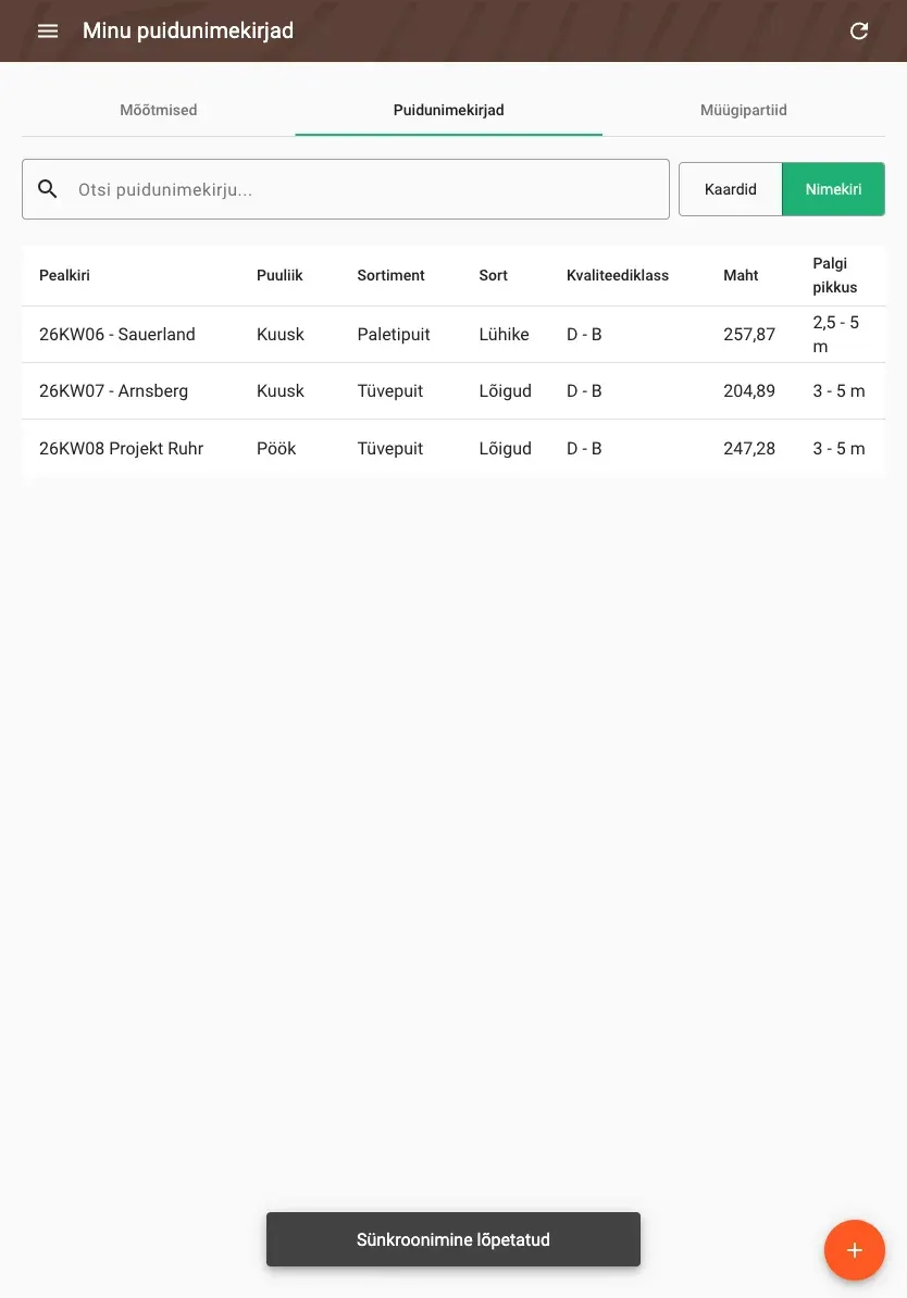 Wood lists in table view with all data