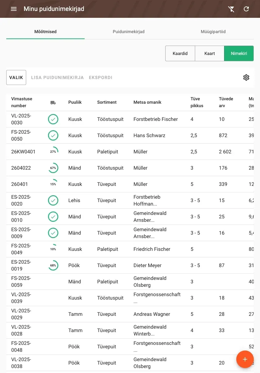 Table view of measurements with all timber data