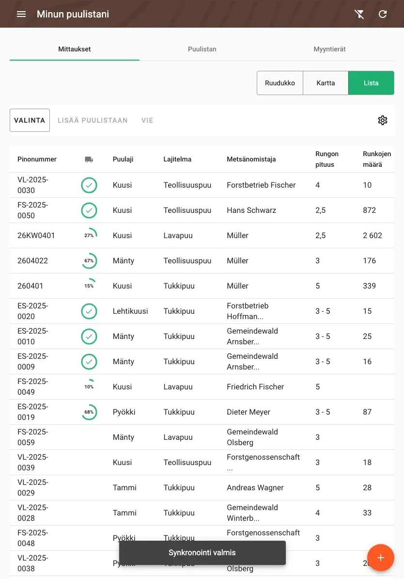 Table view of measurements with all timber data