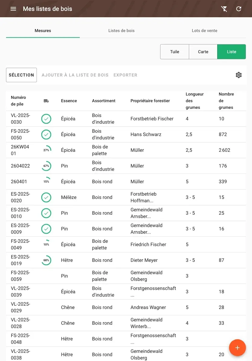 Table view of measurements with all timber data