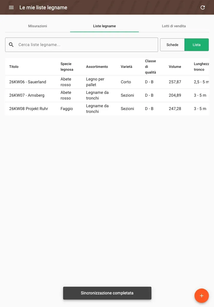 Wood lists in table view with all data
