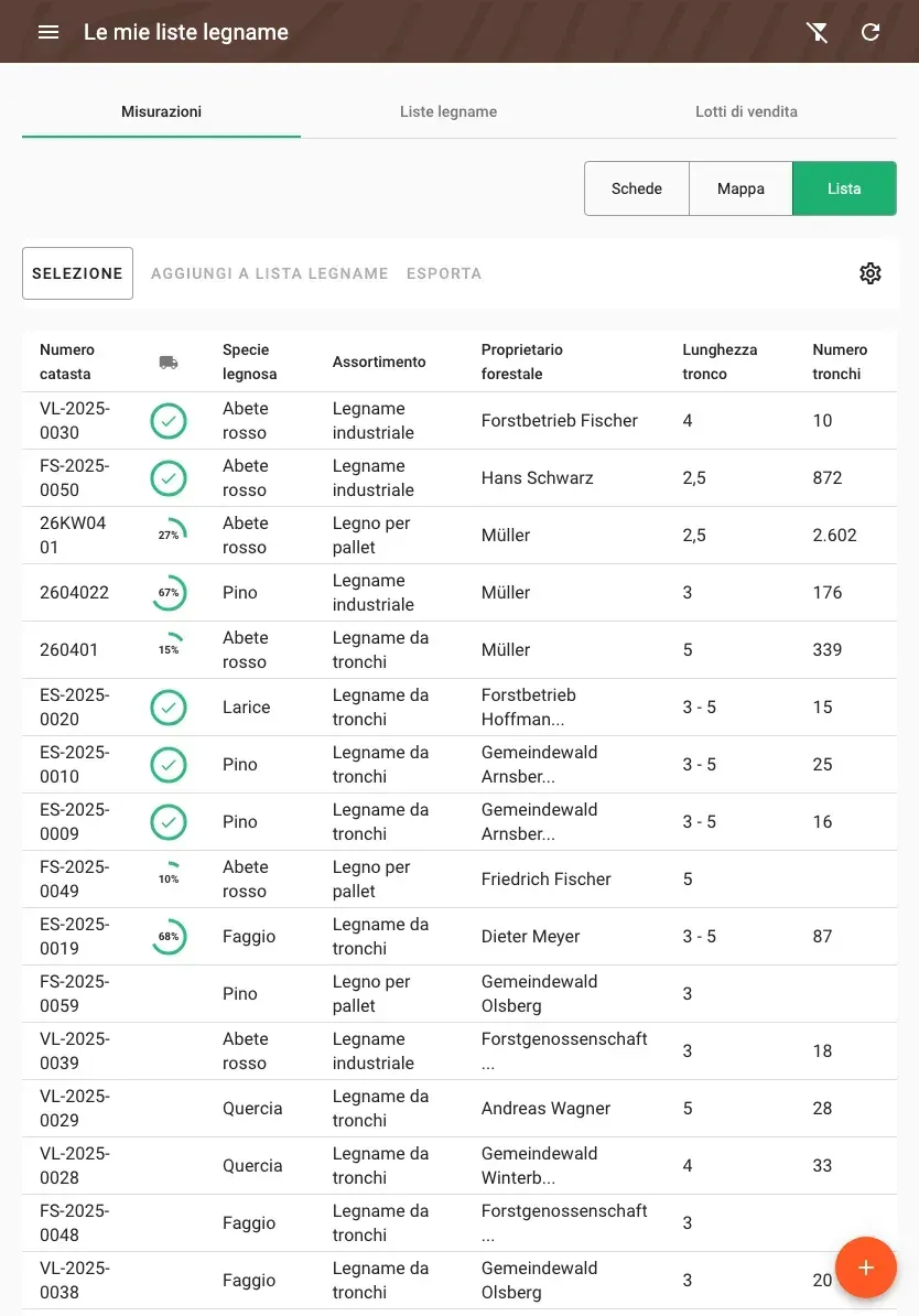 Table view of measurements with all timber data