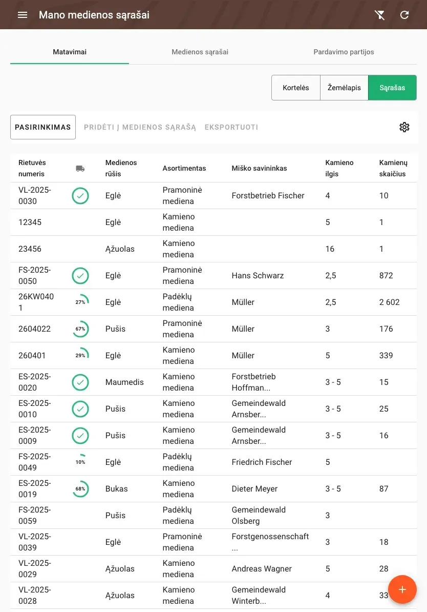 Table view of measurements with all timber data