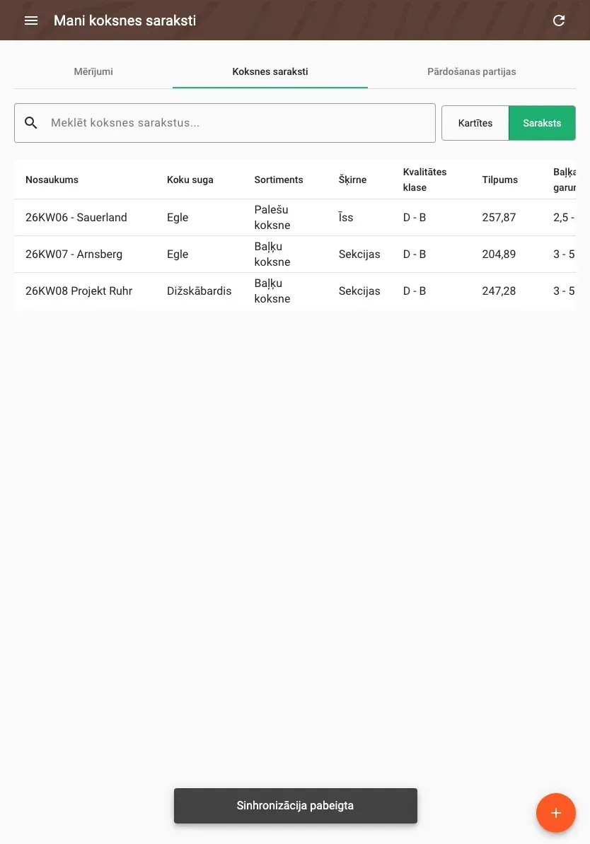 Wood lists in table view with all data