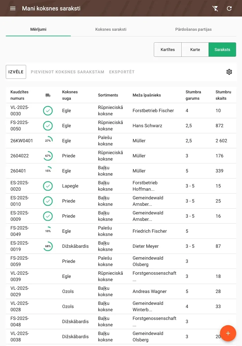 Table view of measurements with all timber data