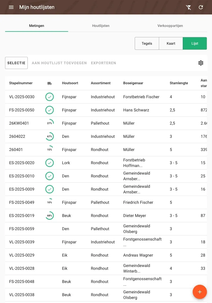 Table view of measurements with all timber data