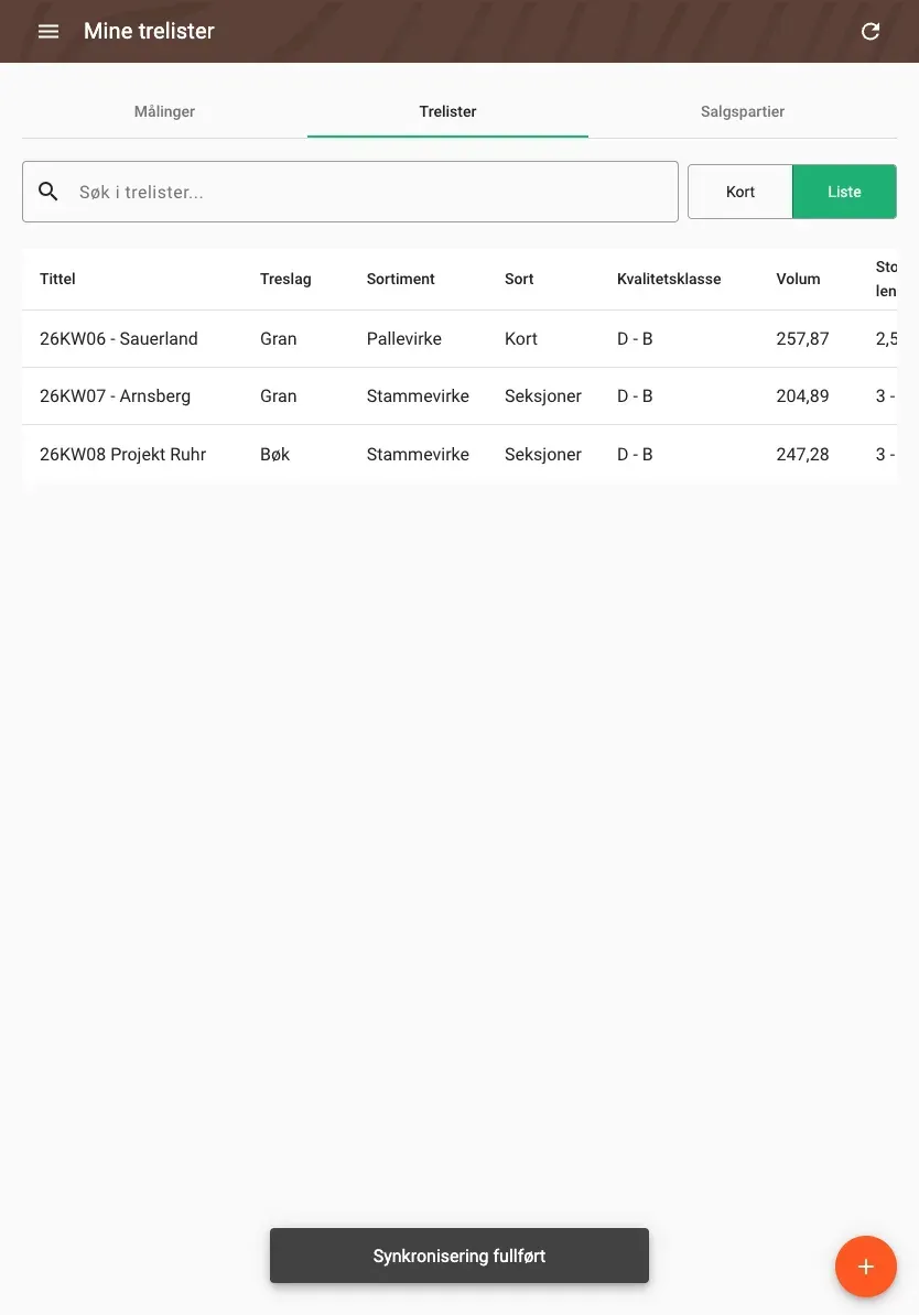 Wood lists in table view with all data