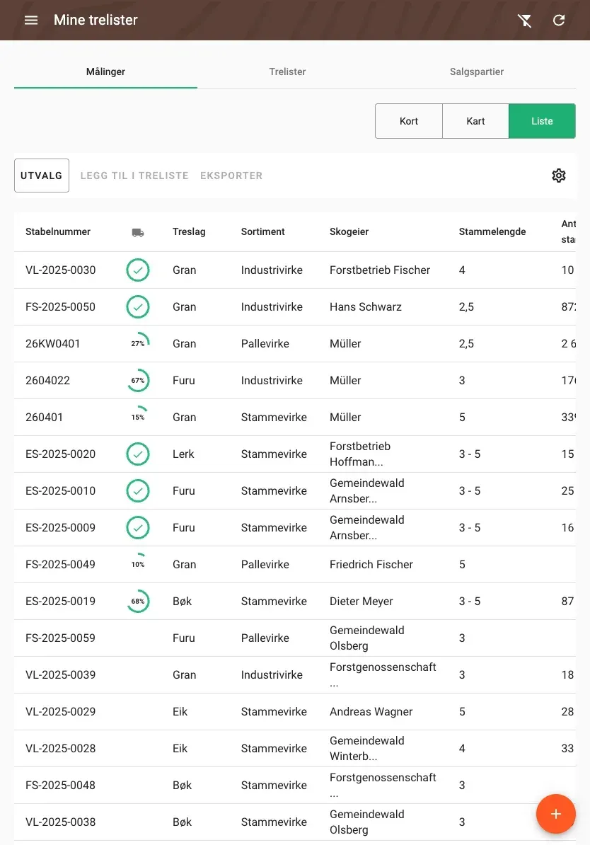 Table view of measurements with all timber data