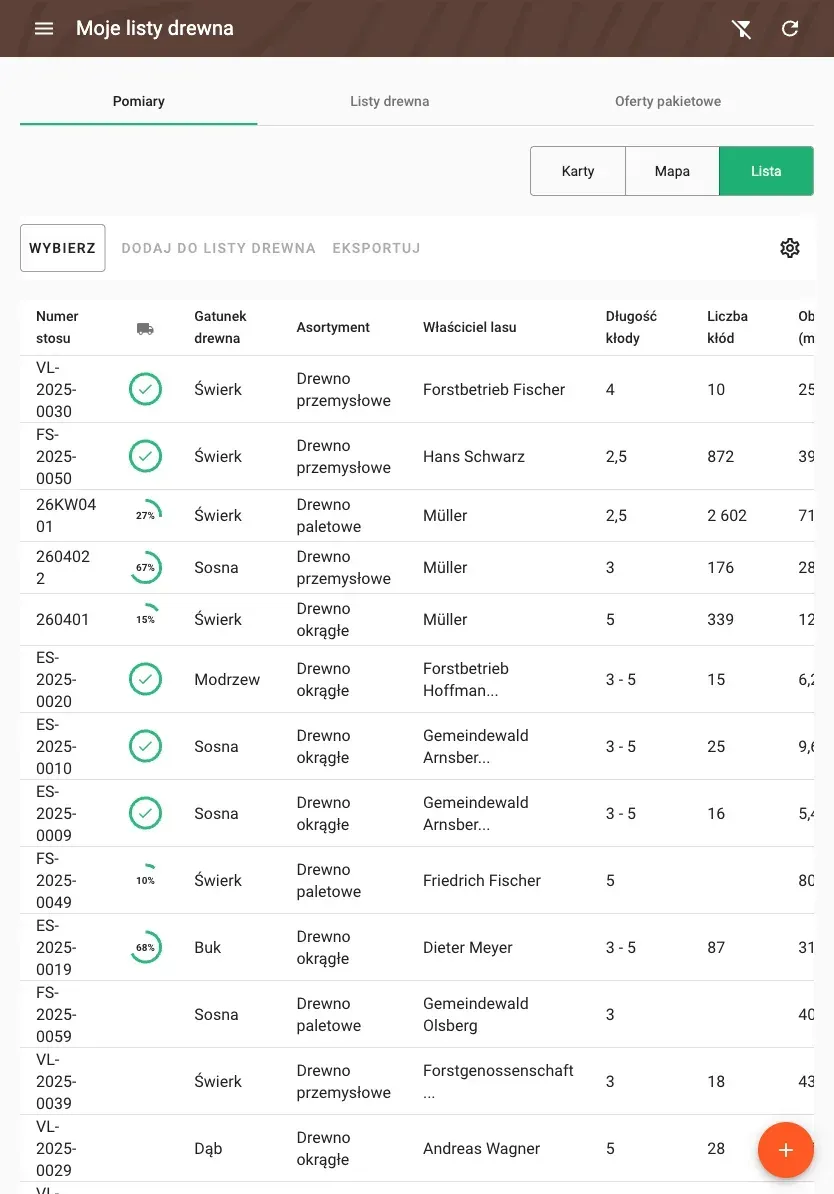Table view of measurements with all timber data