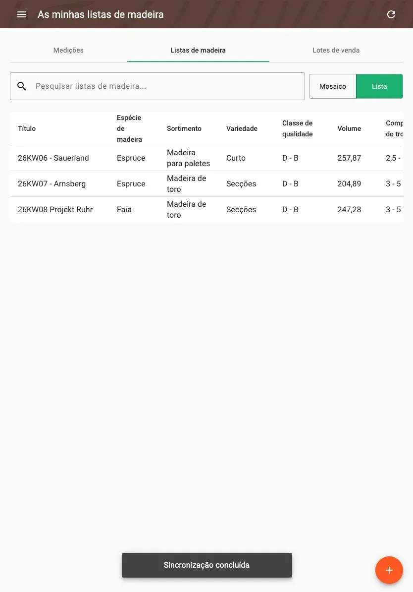 Wood lists in table view with all data