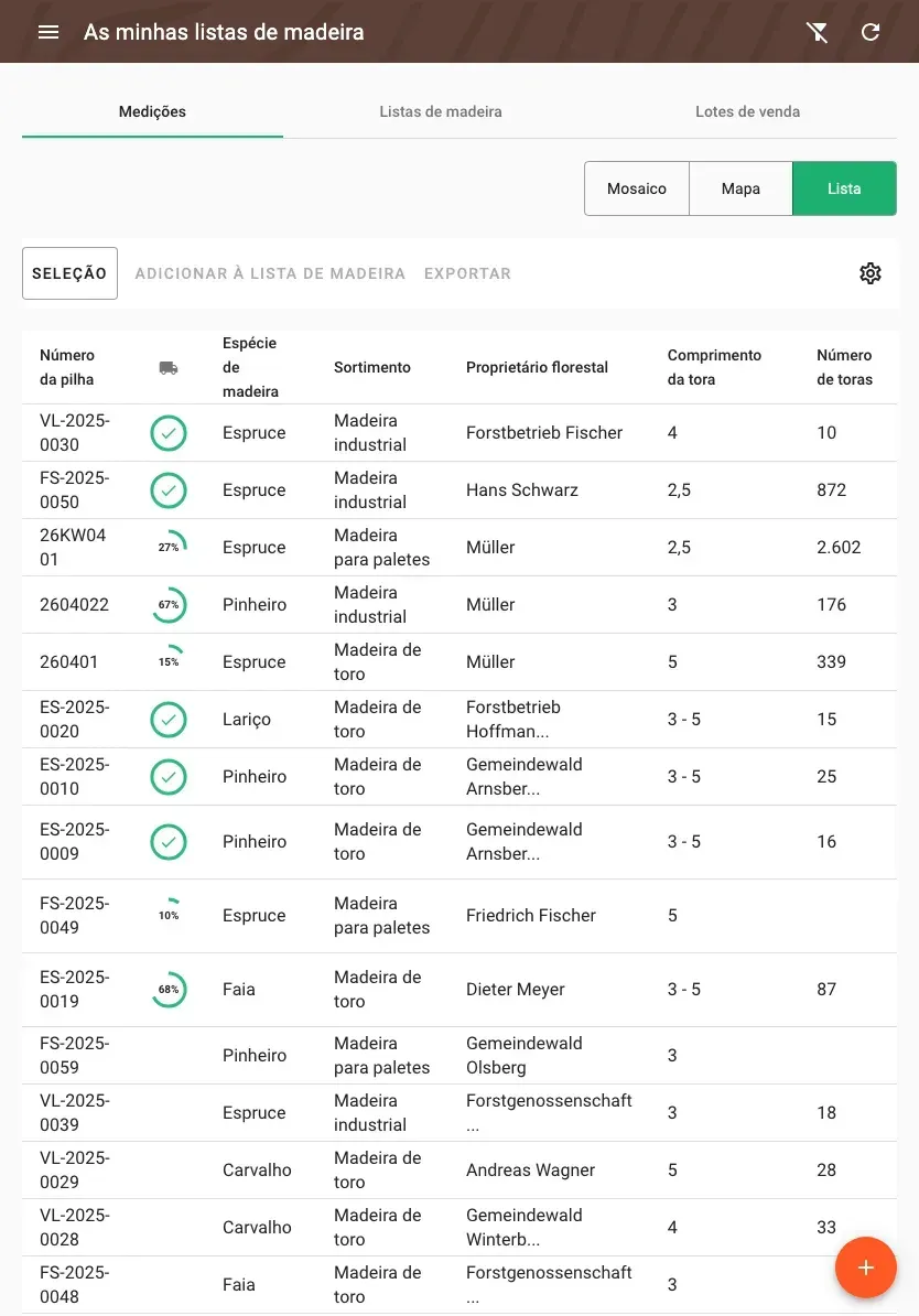 Table view of measurements with all timber data