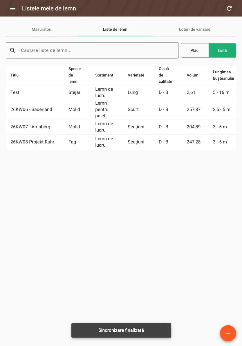 Wood lists in table view with all data