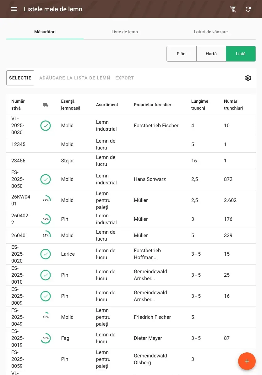 Table view of measurements with all timber data
