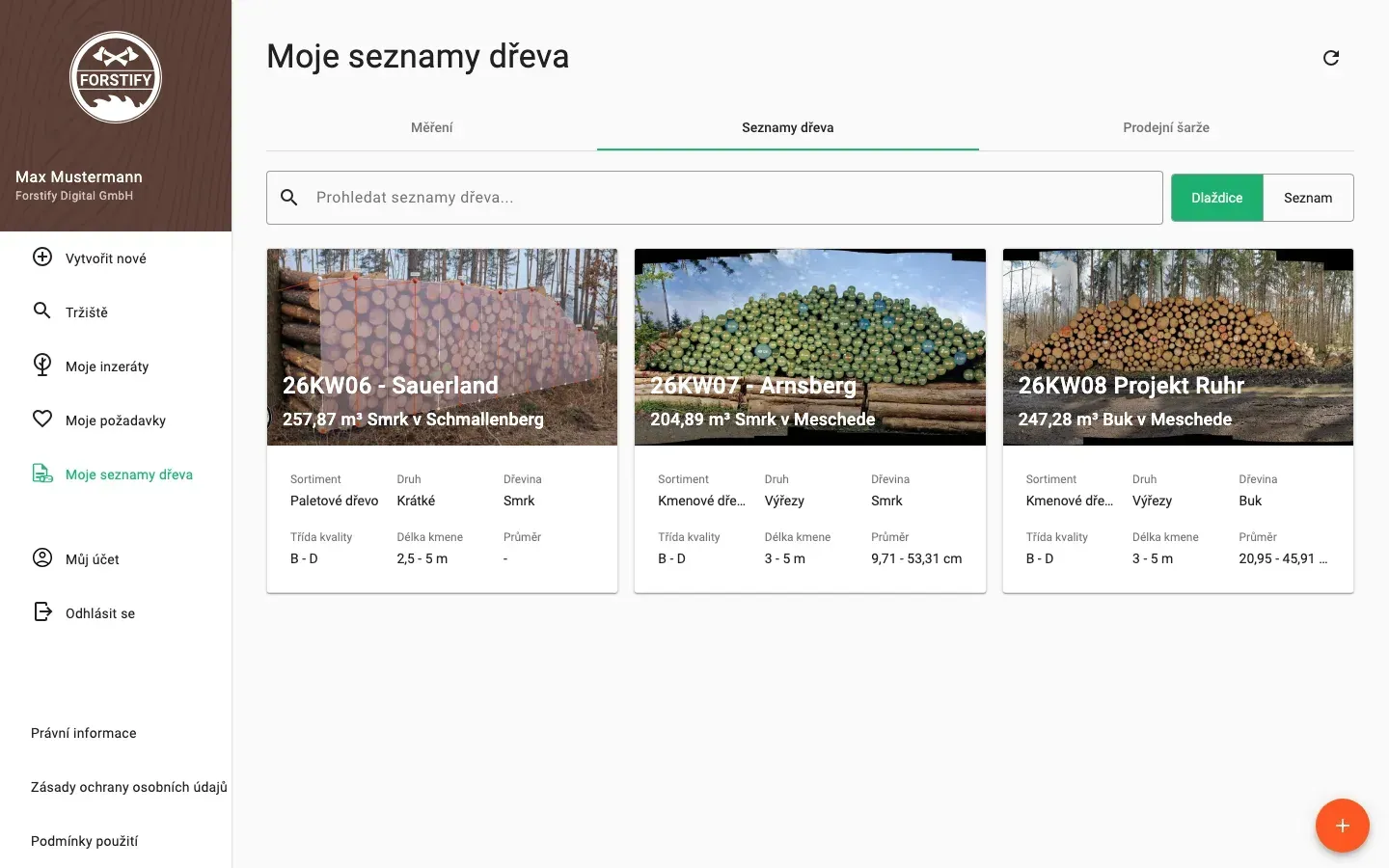 Wood-list overview with assortment, volume and species