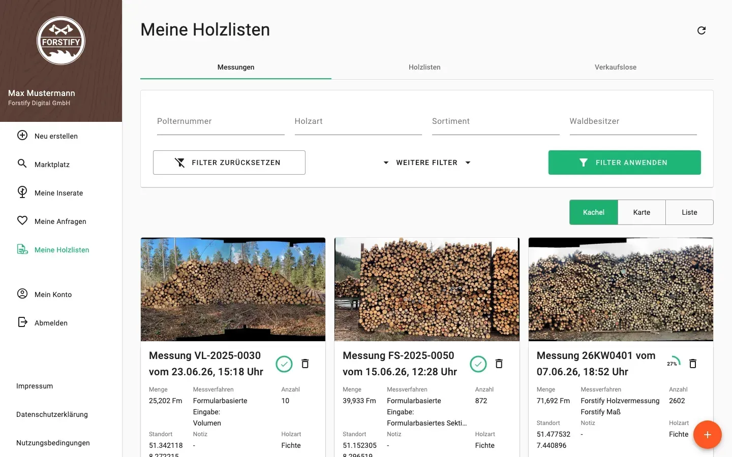 Messungsübersicht mit Fotos und Filtern in der Forstify-App